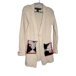 Inis Crafts Ireland Merino Wool Cable Knit Cardigan Patchwork Pockets Cream S